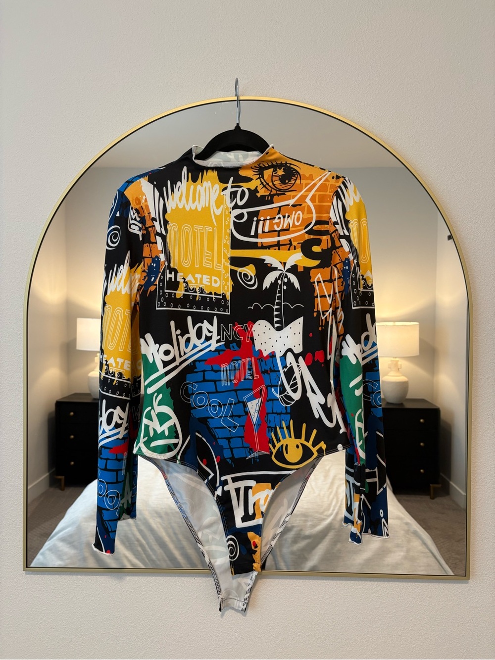 Source Unknown Black Multicolor Graffiti-Print Long Sleeve Bodysuit